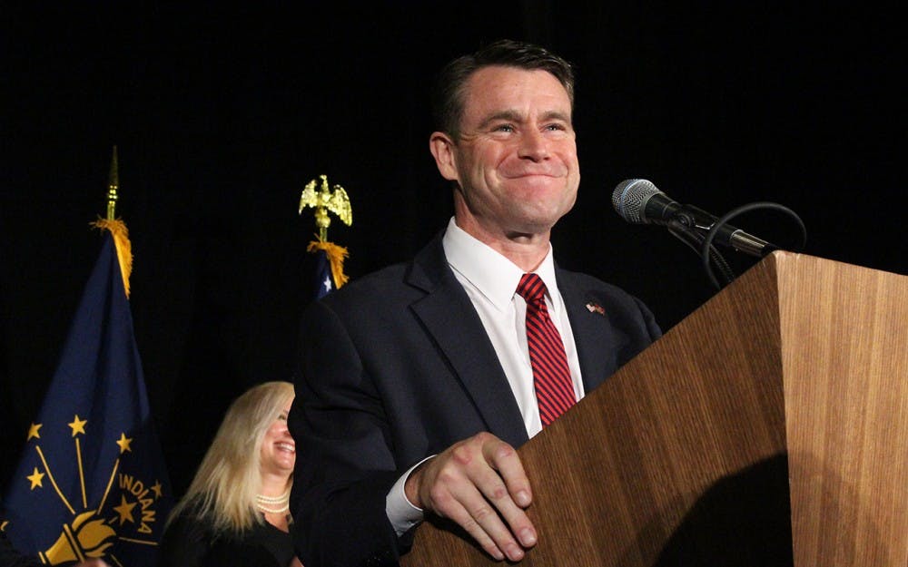 Projected winner of Indiana Senate race Todd Young gives a speech at the Indiana Republican watch party in the JW Mariott in Indianapolis on Tuesday night. Young defeated incumbent Evan Bayh in his race for a seat in the Senate, saying “We need more Indiana in Washington, not more Washington in Indiana.”
