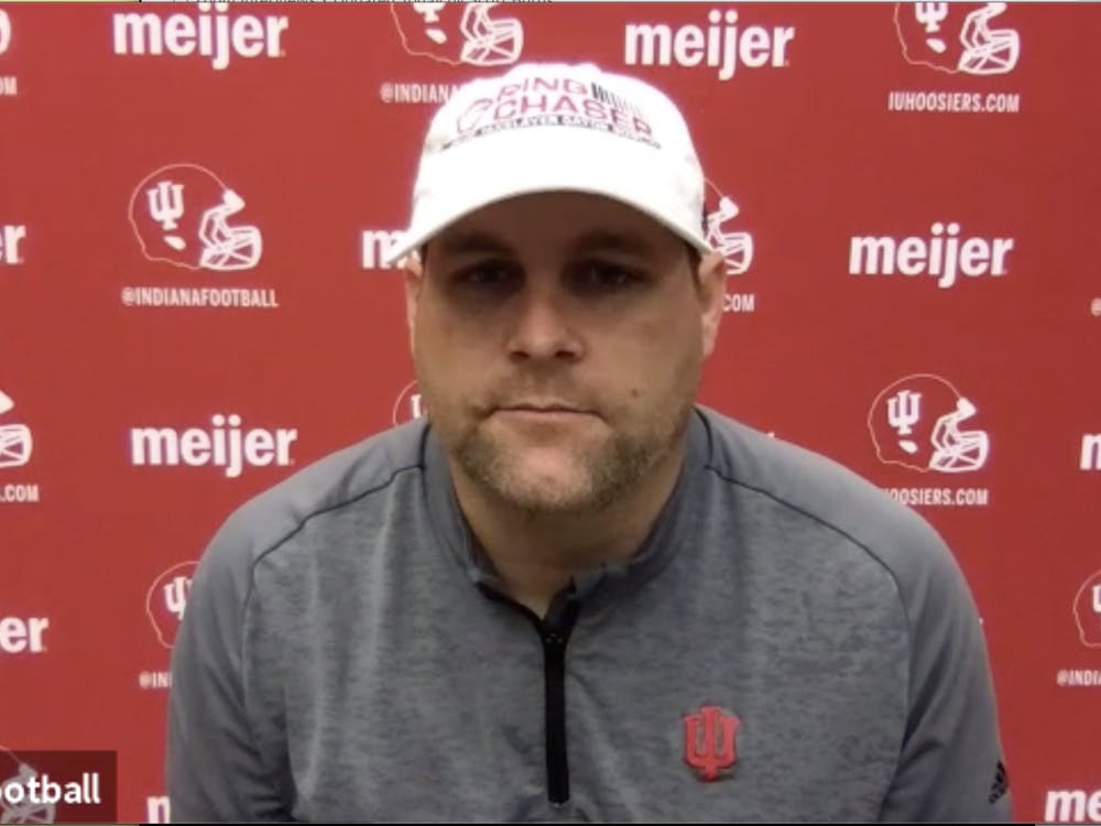 A screenshot shows IU football defensive coordinator Kane Wommack speak during a virtual press conference Thursday. Wommack has improved the linebacker group during his two years as defensive coordinator.