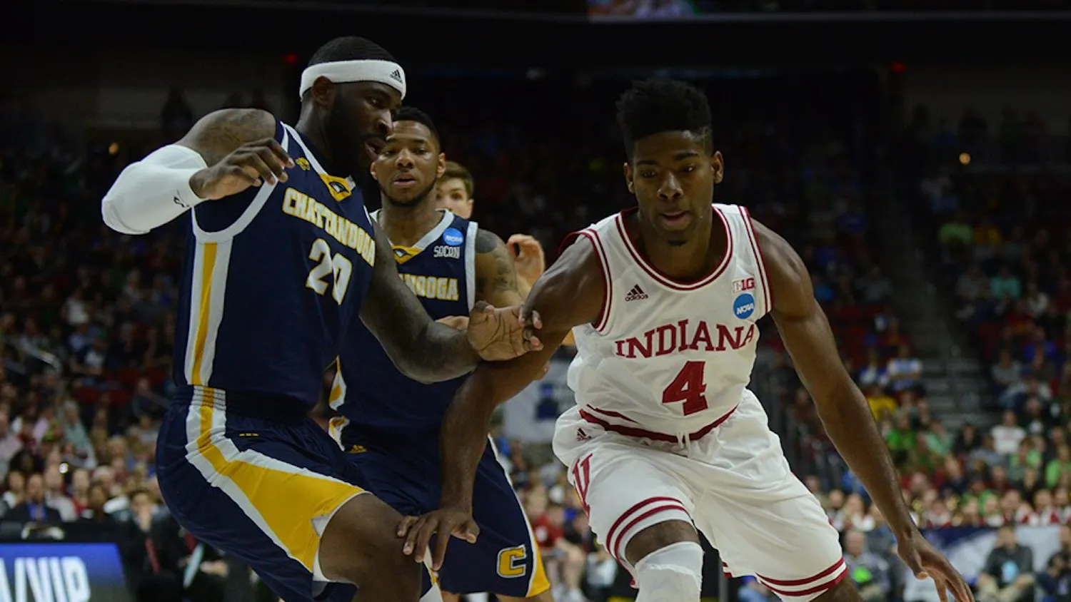 Sophomore guard Robert Johnson drives to the basket during the NCAA game against Chattanooga on Thursday at the Wells Fargo Arena in Des Moines, Iowa.