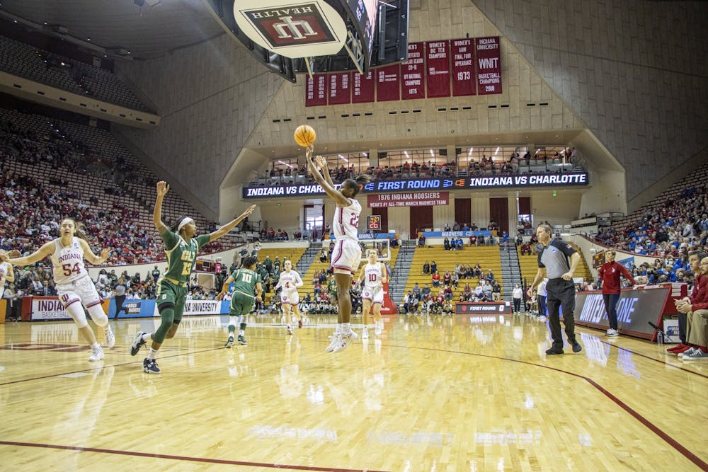 <p>Sophomore guard Chloe Moore-McNeil shoots the ball  on March 19, 2022, at Simon Skjodt Assembly Hall against University of North Carolina at Charlotte. The game Saturday was the 10th-highest attended women&#x27;s basketball game in Indiana history.</p>
