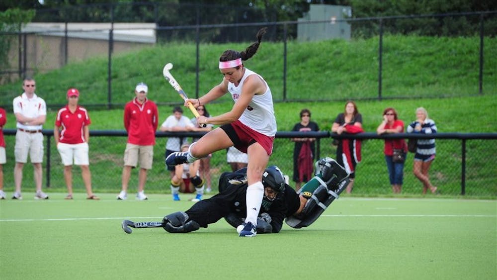 Senior captain Morgan Fleetwood attempts to jump over a diving Ohio goalie during the Hoosiers' shootout loss on Sept. 9. 