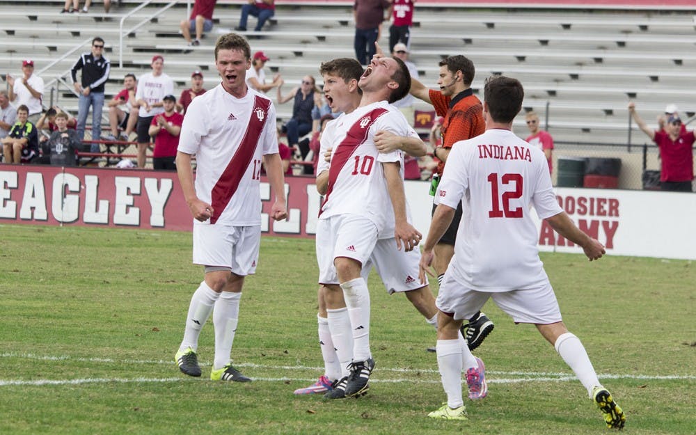 Indiana's Tanner Thompson celebrates his game winning goal with teammates in Sunday afternoon's 2-1 victory over Michigan State at Bill Armstrong Stadium.