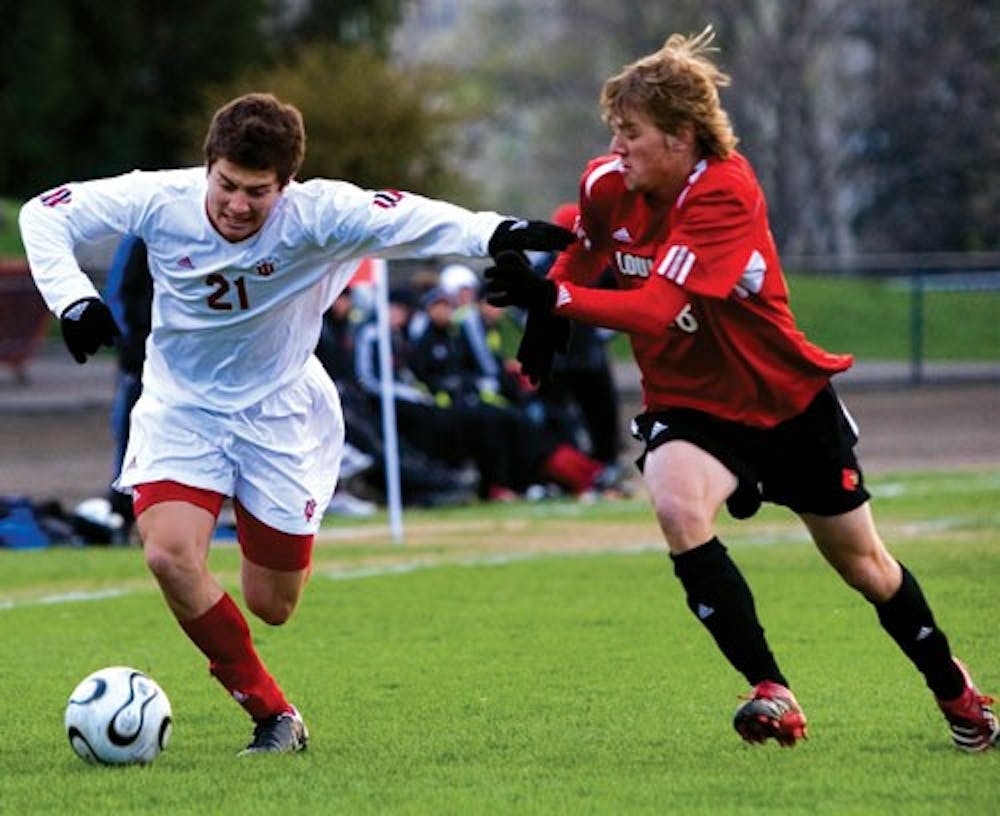 IDS File Photo
Sophomore midfielder Daniel Kelly battles with Louisville's Fred Braun during the first half April 6 at Jerry Yeagley Field.  IU pulled ahead in the second half and recorded a 1-0 victory.
