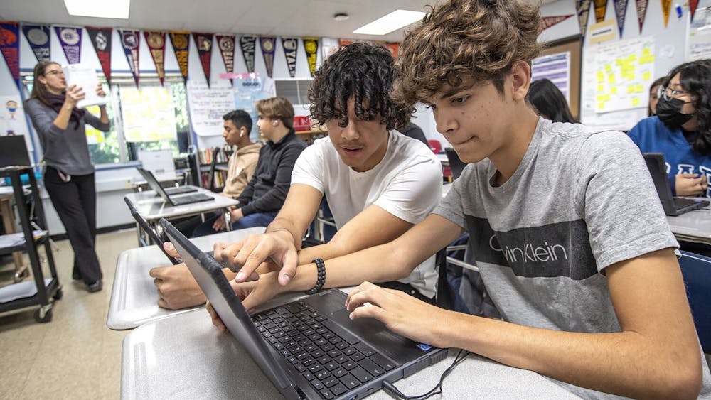 Students work together on an online assignment in class. Indiana Attorney General Todd Rokita announced Dec. 29, 2022 that Google will pay Indiana $20 million to resolve a privacy lawsuit.