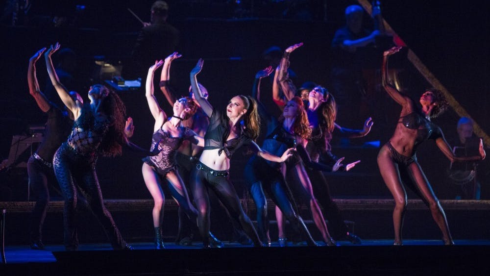Members of the cast of “Chicago” dance during the opening song “All that Jazz” on Oct. 10, 2018, in IU Auditorium. Broadway closed in March 2020 and reopened on Sept. 14, 2021.