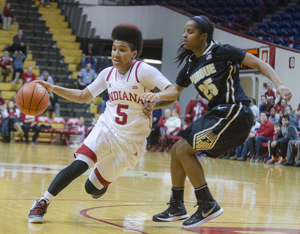 Sophomore guard Larryn Brooks attempts to run past a Purdue defender at Assembly Hall on Monday. IU won 77-55 and will play its next game against Northwestern on Thursday.