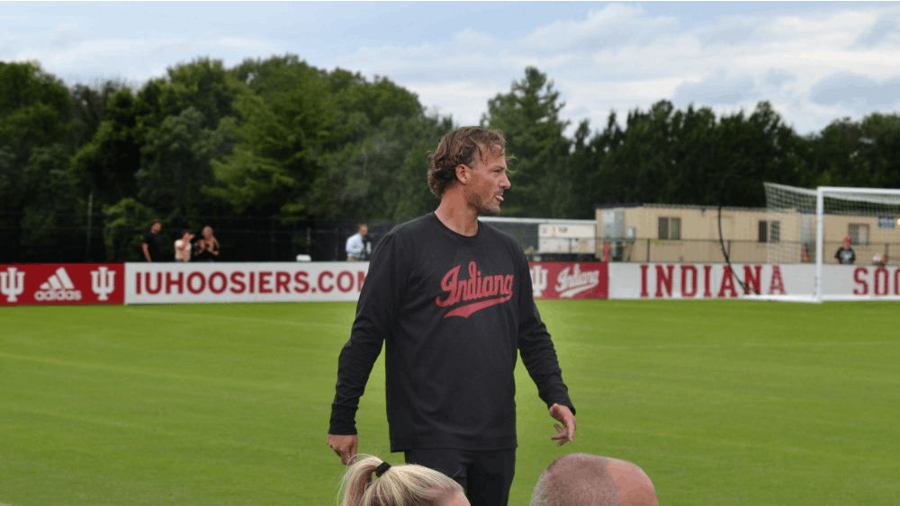 IU women's soccer head coach Erwin Van Bennekom looks at the team Sept. 8 in a game against Morehead State University at Bill Armstrong Stadium.