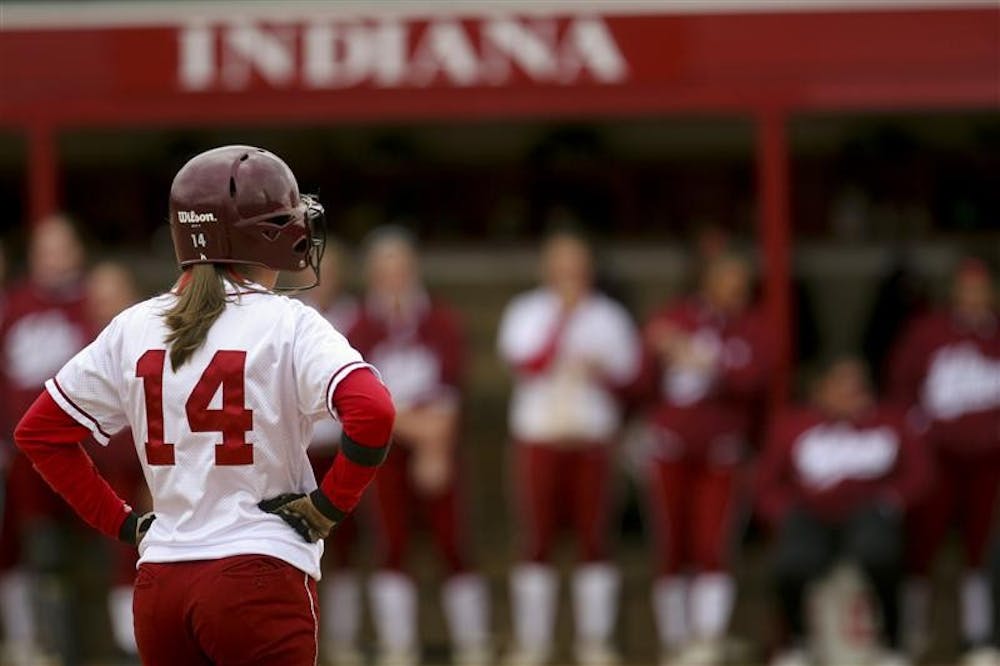 Junior outfielder Kelli Ritchison watches the game from third base Wednesday afternoon during the first game of a double header against Ohio State at the IU Softball Field. Indiana lost the first game 14-4, and the second 1-0.