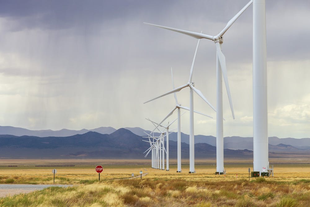 <p>Wind turbines are part of a large wind farm near Milford, Utah. IU’s Environmental Resilience Institute and Center for Rural Engagement are partnering to create the Indiana Resilience Funding Hub to help Indiana communities with less than 50,000 residents secure federal funding for sustainability-focused projects. </p>