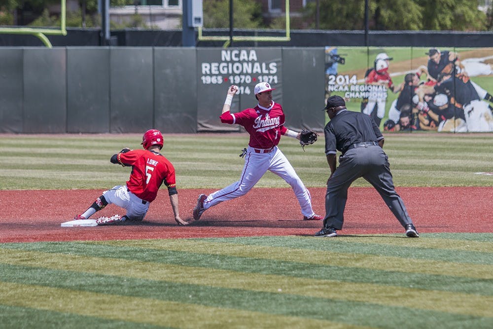 Hoosiers shortstop Nick Ramos throws from second base to turn a double play during the bottom of the sixth in the game at Maryland on May 3. 