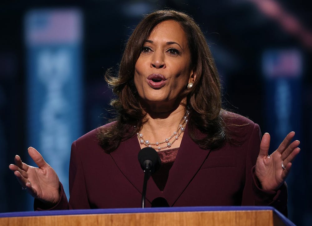 <p>Democratic vice presidential nominee Sen. Kamala Harris, D-CA, speaks on the third night of the Democratic National Convention Aug. 19 from the Chase Center in Wilmington, Delaware.</p>