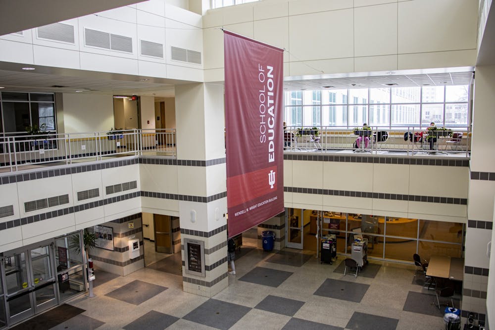 <p>A banner hangs for the School of Education on Jan. 27, 2022, in the Wendell W. Wright Education Building atrium. Indiana is experiencing a dire teacher shortage, which IU School of Education staff said may be related to additional classroom stress created by COVID-19.</p>