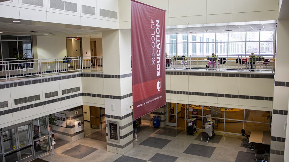 A banner hangs for the School of Education on Jan. 27, 2022, in the Wendell W. Wright Education Building atrium. Indiana is experiencing a dire teacher shortage, which IU School of Education staff said may be related to additional classroom stress created by COVID-19.