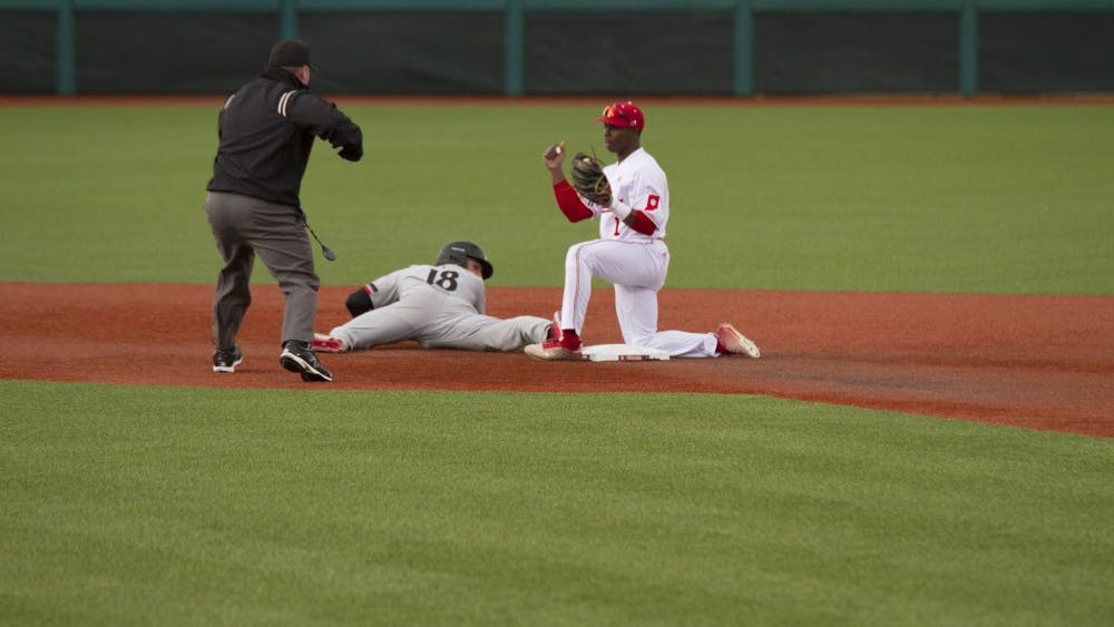 Cincinnati infielder Connor McVey gets caught stealing at second base by sophomore infielder Jeremy Houston on March 6 at Bart Kaufman Field. The Hoosiers will play Indiana State on Wednesday.&nbsp;