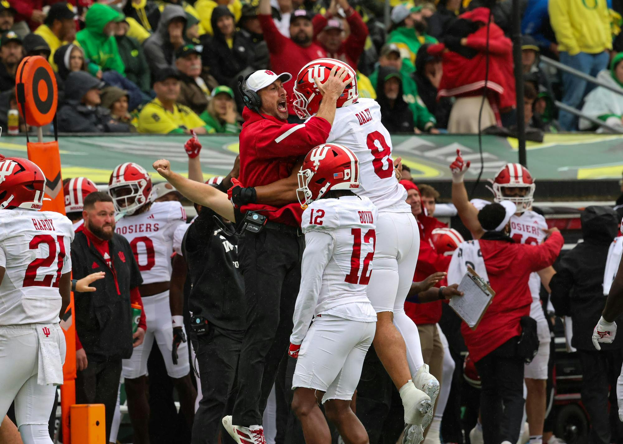 Senior defensive lineman Stephen Daley celebrates Indiana’s interception against the Oregon Ducks at Autzen Stadium on Oct. 11 in Eugene, Oregon.  