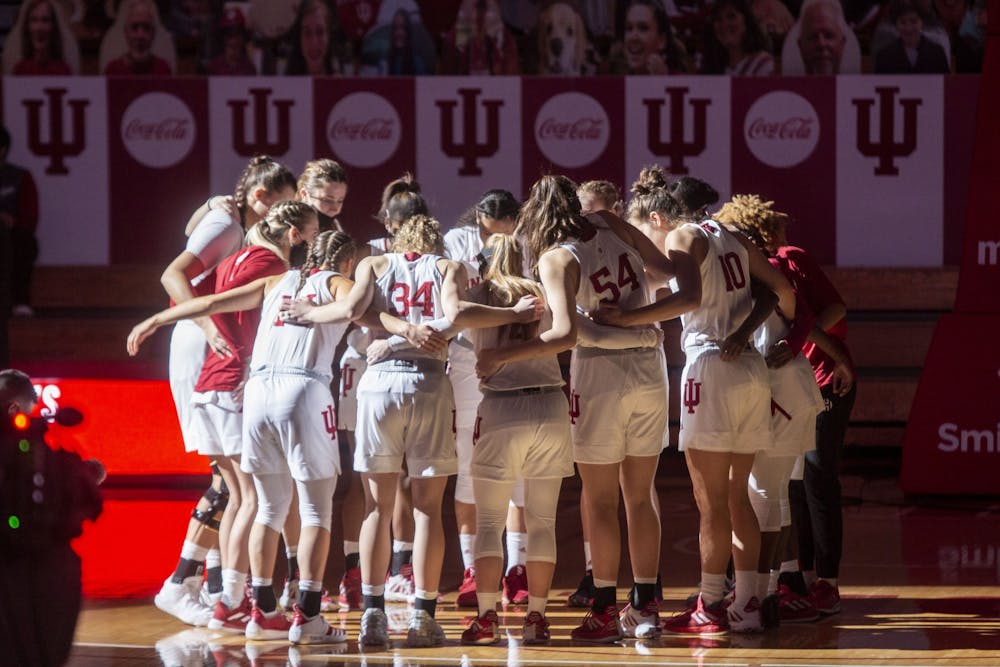 <p>The IU women&#x27;s basketball team huddles before the start of its game against Wisconsin Jan. 10, 2021, in Simon Skjodt Assembly Hall.</p>