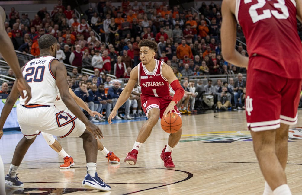 <p>Senior guard Rob Phinisee dribbles the ball March 11, 2021 during the Big Ten Tournament quarterfinals against Illinois at Gainbridge Fieldhouse. Phinisee entered the transfer portal Friday morning. </p>