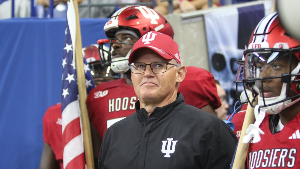 Indiana football head coach Tom Allen is pictured before kickoff on Sept. 16, 2023, at Lucas Oil Stadium in Indianapolis. The Cardinals defeated the Hoosiers 21-14. 