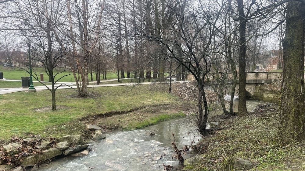 The Campus River seen near Franklin Hall on March 24, 2023. Bloomington is under flood watch March 24, 2023, due to excessive rainfall.