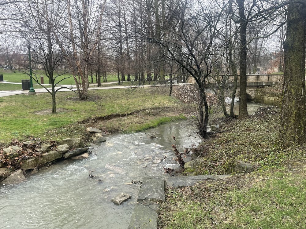 The Campus River is seen near Franklin Hall on March 24, 2023. Bloomington is under flood watch March 24, 2023, due to excessive rainfall.