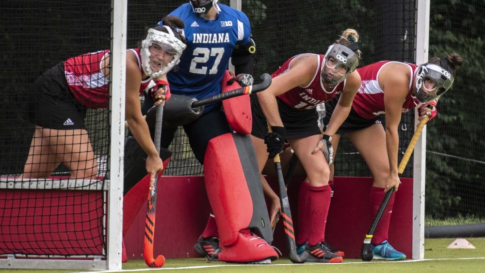 From left, junior Kelsey Giese, redshirt freshman Shelby Querry, junior Ciara Girouard and senior Nora Aucker prepare for a penalty corner during IU's loss to Stanford on Sept. 7. Giese scored during IU's 3-1 win against St. Louis on Sunday.&nbsp;