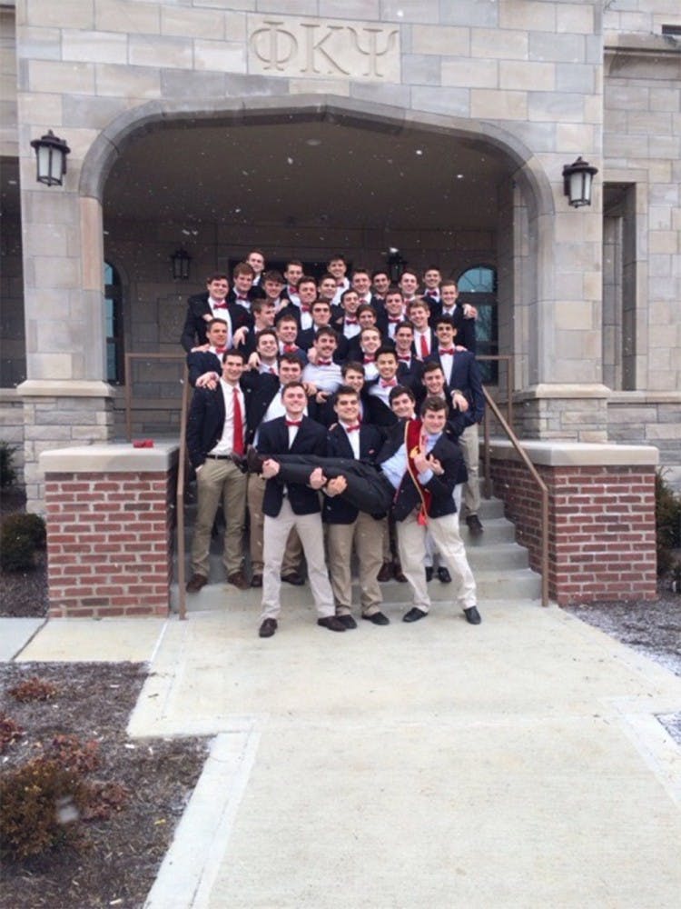 IU sophomore Blake Reisman poses with his brothers of the former Phi Kappa Psi fraternity. Reisman was diagnosed with lymphoma last year, but hopes to return to IU in the future as he recovers.