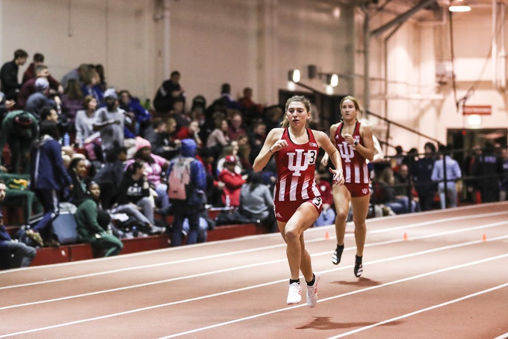 <p>Then-freshman Elizabeth Stanhope runs Feb. 14, 2020, in Gladstein Fieldhouse. Stanhope won first place for the Hoosiers in the 800-meter run over the weekend.</p>