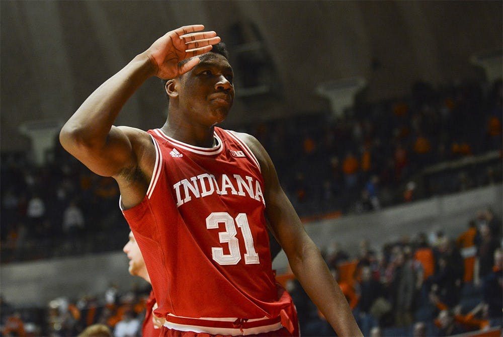 Freshman center Thomas Bryant celebrates after defeating Illinois, 74-47, Thursday at the State Farm Center in Champaign. Bryant scored 14 points. 