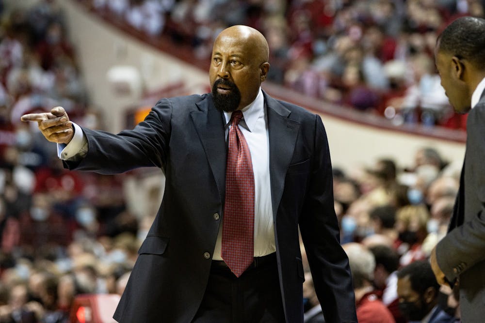 <p>Indiana men’s basketball head coach Mike Woodson points toward the court during a game against Ohio State on Jan. 6, 2022, at Simon Skjodt Assembly Hall. Indiana will face Bethune-Cookman Thursday at 8:30 p.m.</p>