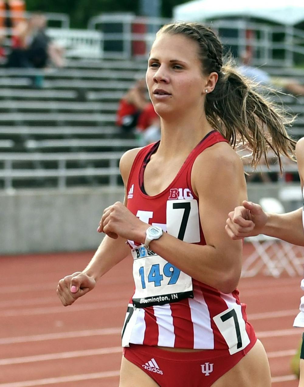 <p>Senior Brenna Calder competes in the 1,500-meter run during the Big Ten Outdoor Track and Field Championships on Friday at IU's Robert C. Haugh Track and Field Complex. Calder qualified for the finals in the 1500-meter run on day one of the NCAA Prelims on Thursday in Tampa, Florida.</p>