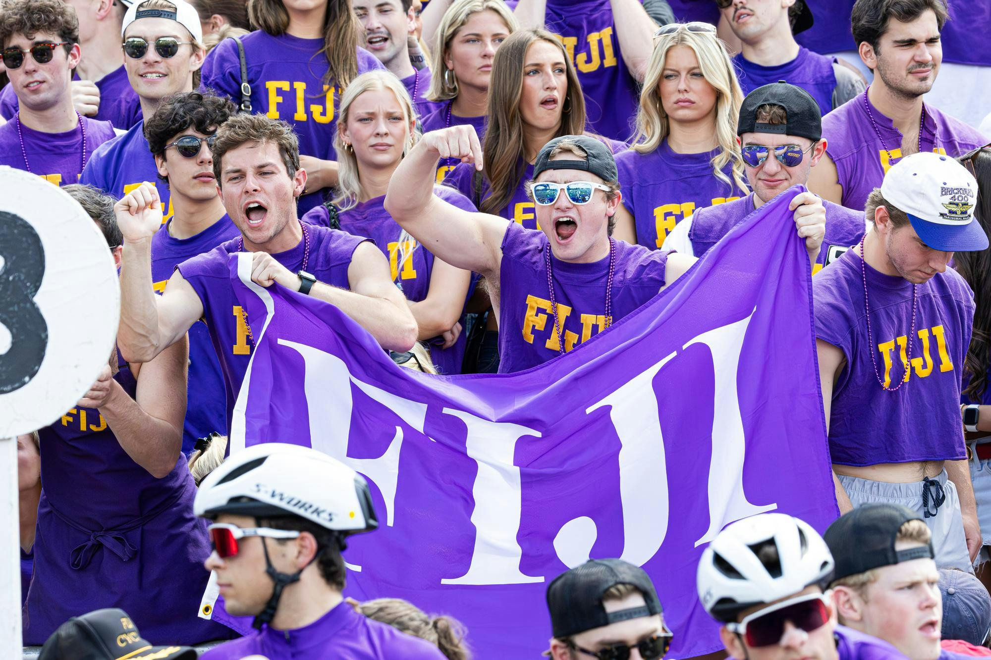 The Phi Gamma Delta student section cheers hard for their team as they compete in the annual Little 500 men's race on April 25, 2026, at Bill Armstrong Stadium in Bloomington. This year's race marked the 75th anniversary of the men’s race. 