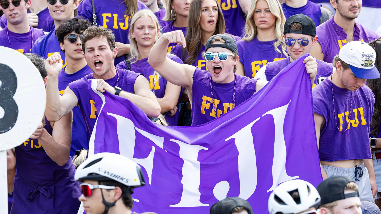 The Phi Gamma Delta student section cheers hard for their team as they compete in the annual Little 500 men's race on April 25, 2026, at Bill Armstrong Stadium in Bloomington. This year's race marked the 75th anniversary of the men’s race.