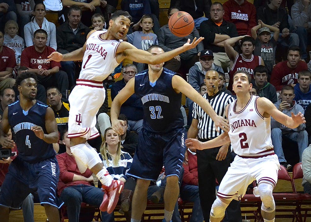 Freshman guard James Blackmon Jr. reaches for the ball in IU’s first exhibition game against Northwood on Thursday at Assembly Hall.