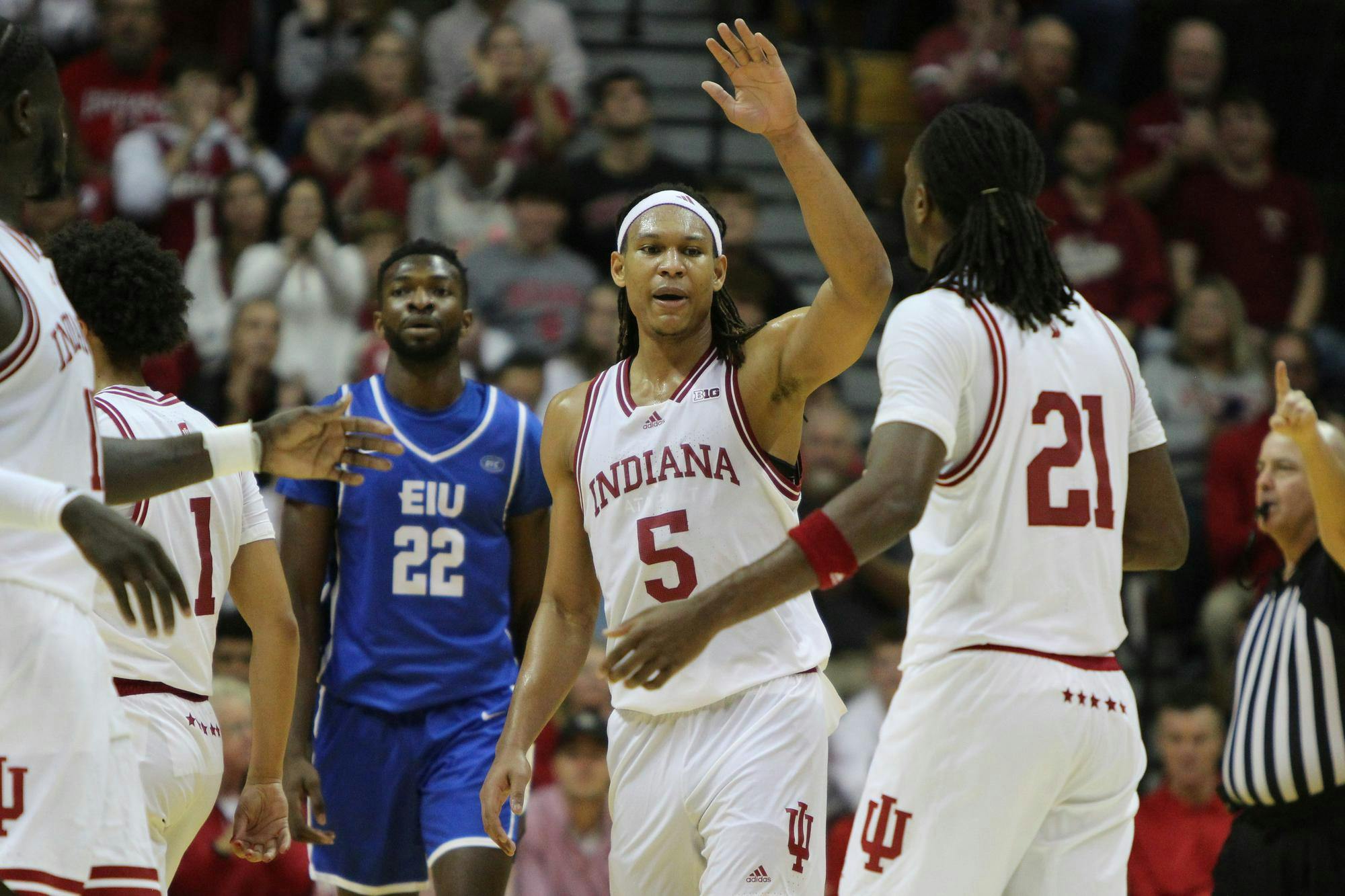 Junior Forward Malik Reneau celebrates after scoring two points for the Hoosiers in the game on Sunday Nov. 10, 2024 against Eastern Illinois University at Simon Skjodt Assembly Hall in Bloomington. Reneau had scored a total of 17 points in the game.