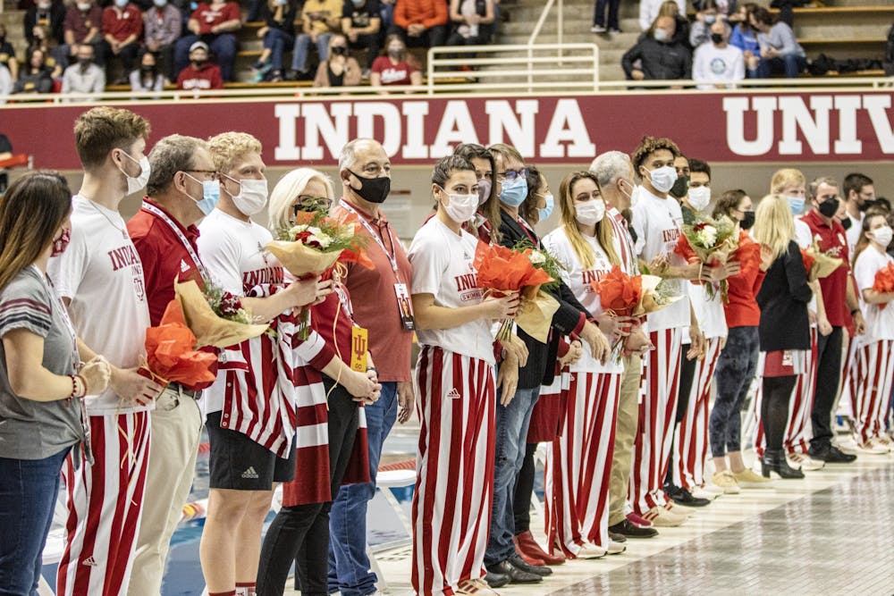 <p>Indiana swim and dive seniors are honored prior to the meet against Purdue Saturday, at the Counsilman Billingsley Aquatic Center. Indiana swim and dive welcomed Purdue on Saturday for a dual meet.</p>