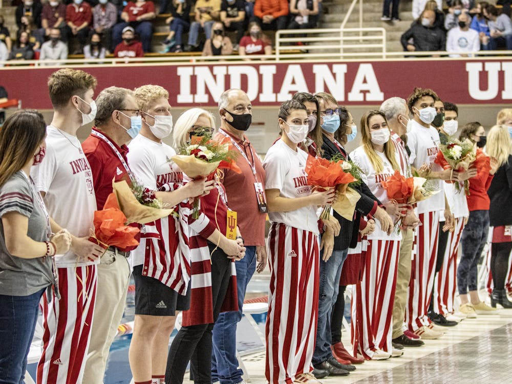 Indiana swim and dive seniors are honored prior to the meet against Purdue Saturday, at the Counsilman Billingsley Aquatic Center. Indiana swim and dive welcomed Purdue on Saturday for a dual meet.