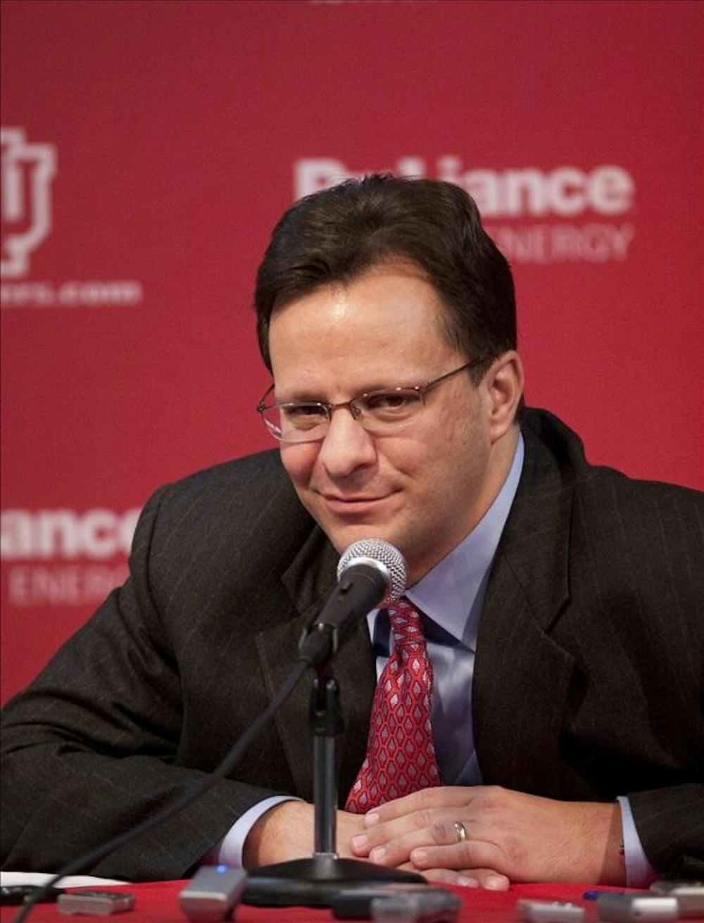 Coach Tom Crean smirks while speaking to the media after his first Big 10 victory as IU's head coach Wednesday evening at Assembly Hall.  The Hoosiers defeated the Iowa Hawkeyes 68-60.