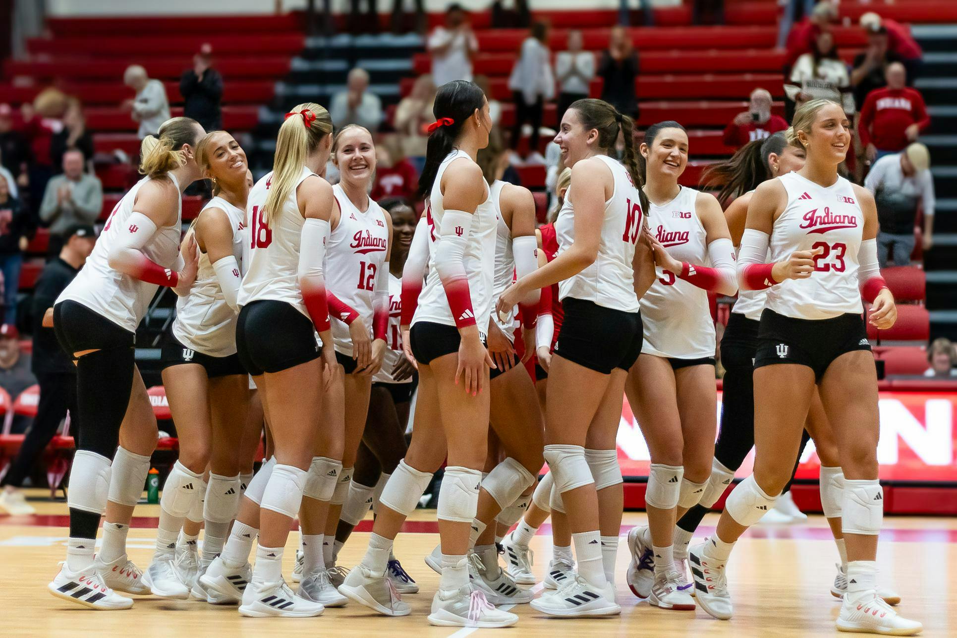 The Hoosiers celebrate their win against Rutgers University after their game on Nov. 20, 2025 at Wilkinson Hall in Bloomington. The Hoosiers went 22-5 and beat their winning record. Katie Newett photo