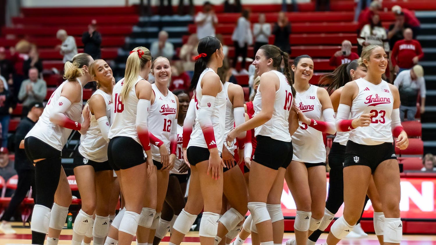 The Hoosiers celebrate their win against Rutgers University after their game on Nov. 20, 2025 at Wilkinson Hall in Bloomington. The Hoosiers went 22-5 and beat their winning record. Katie Newett photo
