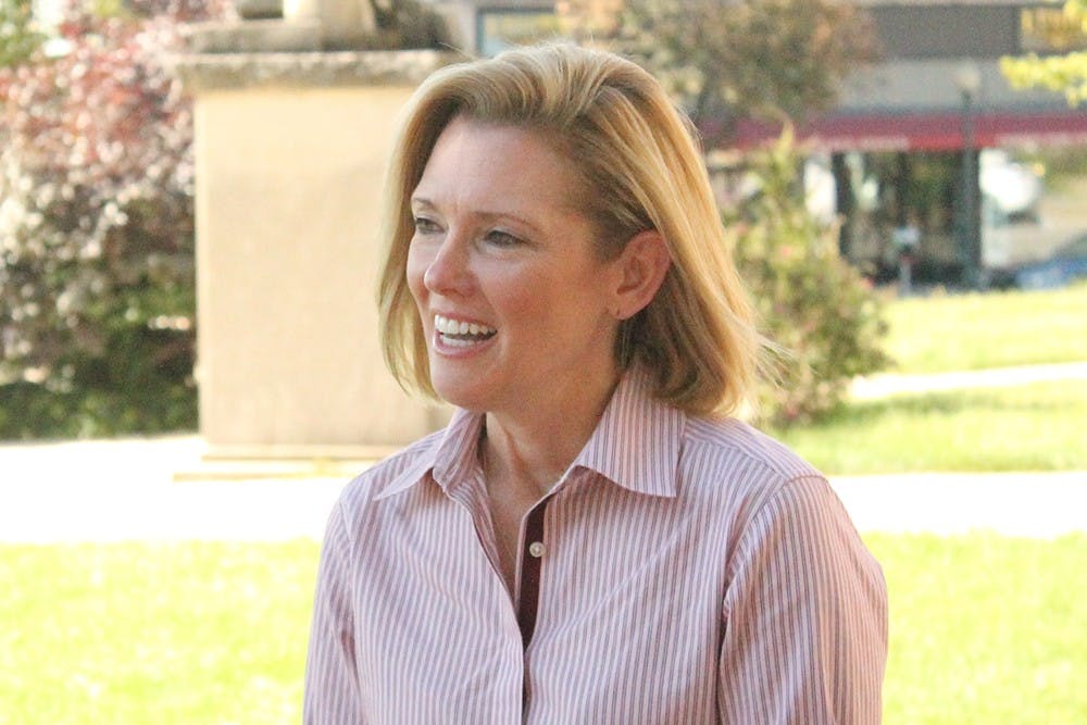 9th district congressional Democratic cadidate, Shelli Yoder speaks outside of the County Courthouse Wednesday afternoon.