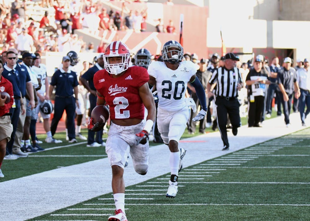 Sophomore running back Devonte Williams scores a touchdown against Georgia Southern on Sept. 23 at Memorial Stadium. IU plays Maryland this Saturday afternoon.