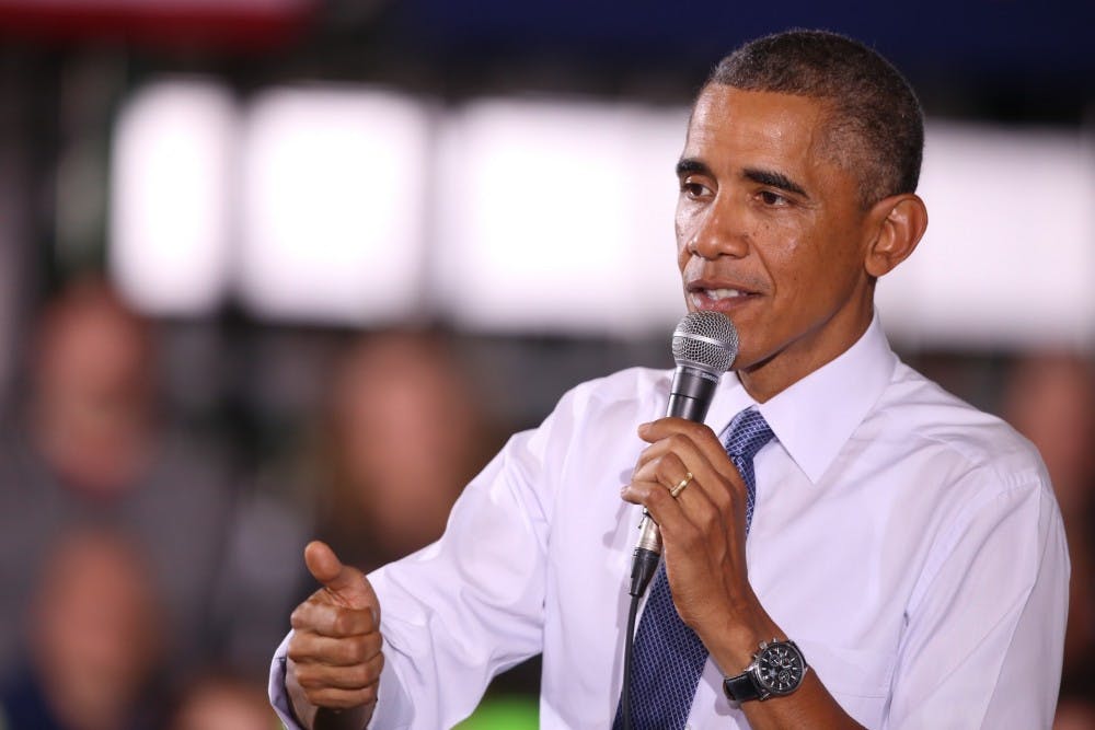 President Obama addresses workers at the Millennium Steel plant in Princeton, Ind. on Oct. 3, 2014. During his address, he spoke of raising the minimum wage and answered questions from the crowd.&nbsp;