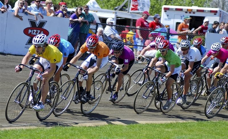 Sophomore Eric Young leads the pack while sprinting in the last laps of the 2009 Little 500. Despite getting a 3 second penalty for advancing their position by using the gutter near lap 173, the Cutters gained their position back and won the race, beating Delta Tau Delta by a few seconds.