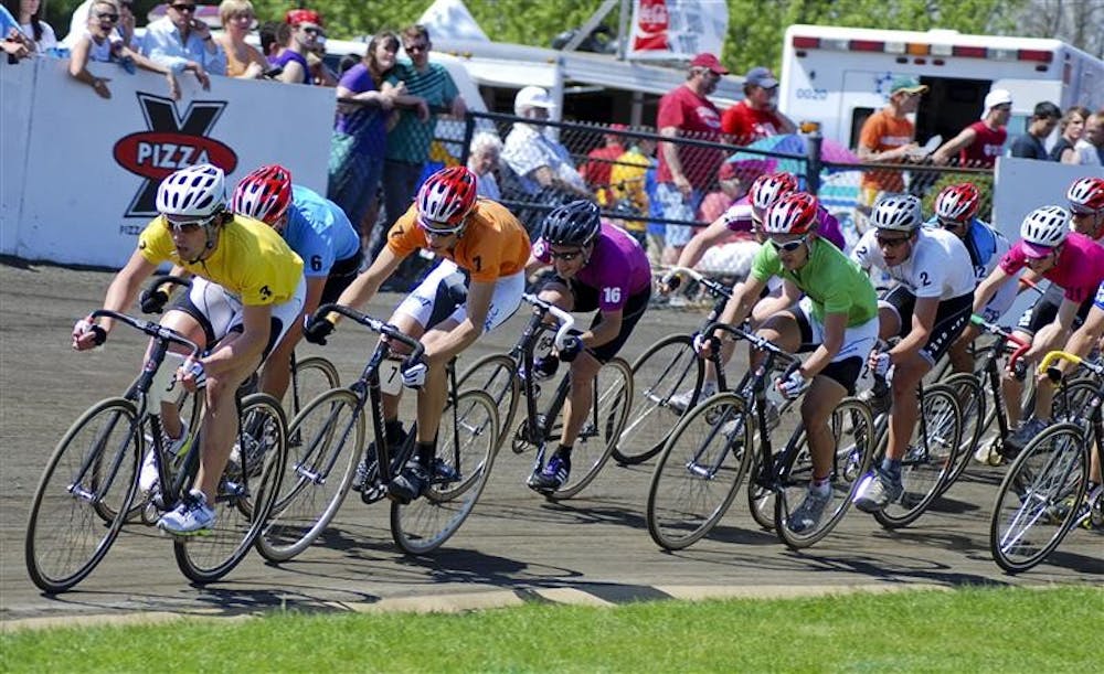 Sophomore Eric Young leads the pack while sprinting in the last laps of the 2009 Little 500. Despite getting a 3 second penalty for advancing their position by using the gutter near lap 173, the Cutters gained their position back and won the race, beating Delta Tau Delta by a few seconds.