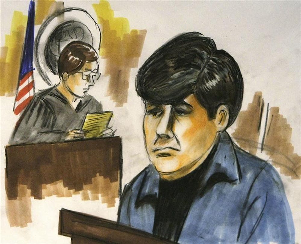 In this courtroom artist's drawing, Illinois Gov. Rod Blagojevich stands before U.S. Magistrate Judge Jan Nolan on Tuesday in Chicago. Blagojevich was arrested Tuesday by the FBI in Chicago which alleged he sought favors to influence his choice for President-elect Barack Obama's vacant Senate seat. 