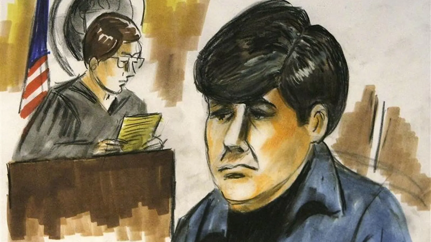 In this courtroom artist's drawing, Illinois Gov. Rod Blagojevich stands before U.S. Magistrate Judge Jan Nolan on Tuesday in Chicago. Blagojevich was arrested Tuesday by the FBI in Chicago which alleged he sought favors to influence his choice for President-elect Barack Obama's vacant Senate seat.