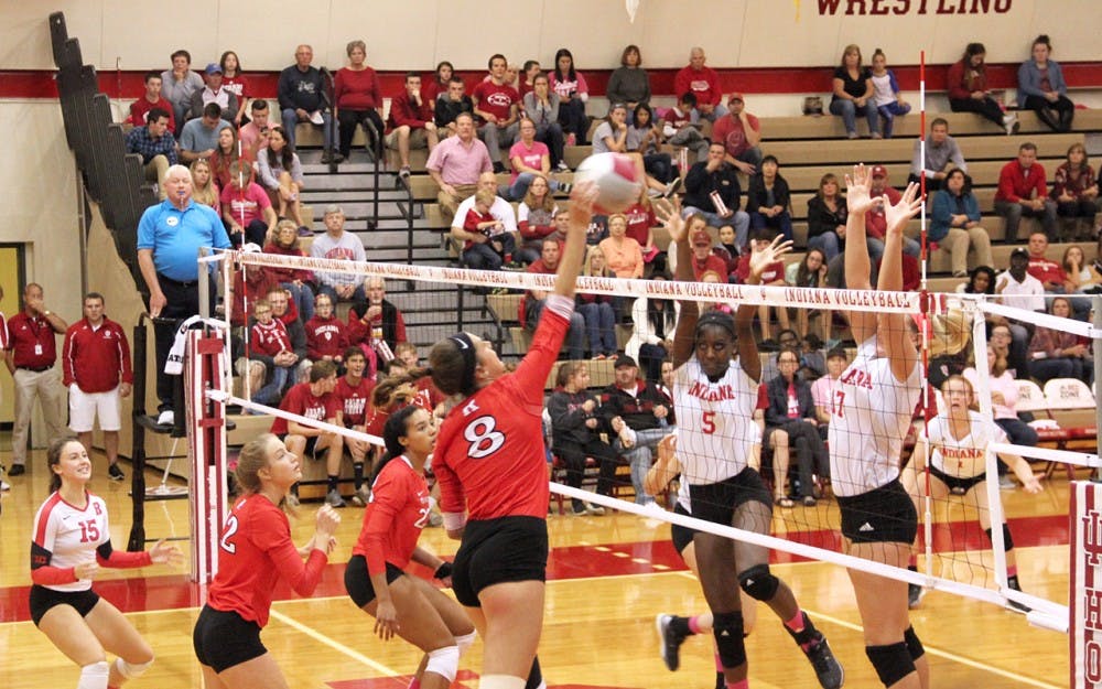 Cole Trimble, the Rutgers right-side-hitter, defends the ball as her team competes against IU Hoosiers Friday at the University Gym.