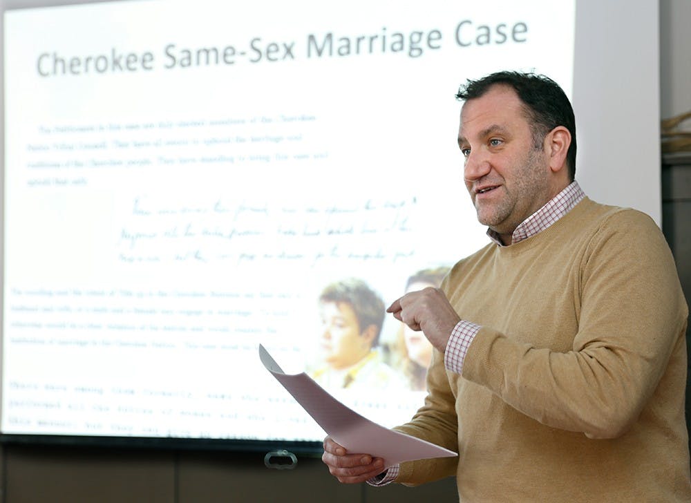 Brian Gilley, professor at the Department of Anthropology and director at the First Nations House, gives a lecture about Native Americans and their same-sex merriage status Thursday at First Nations House. Dr. Gilley is specialized on gender and sexuality among Native Americans. 