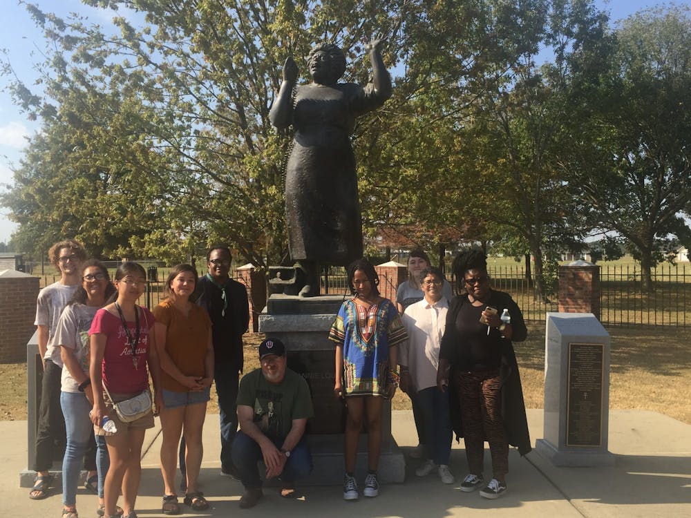 <p>IU history professor Alex Lichtenstein and students from IU and the University of Pretoria pose for a photo in October 2019 at Fannie Lou Hamer Memorial Park in Ruleville, Mississippi. Lichtenstein will lead students through a tour of historic monuments in the Civil Rights Movement from May 29 to June 4, 2022.</p><p><br/></p>