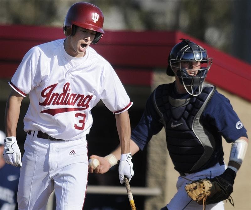 IU junior Jake Dunning yells at himself in frustration after being struck out swinging with the bases loaded in the bottom of the ninth inning during a game Friday, April 17, 2009 at Sembower Field. IU lost 9-7.